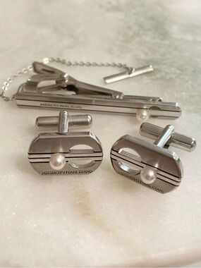 Mikimoto Silver Pearl Cuff Links + Tie Clip Set